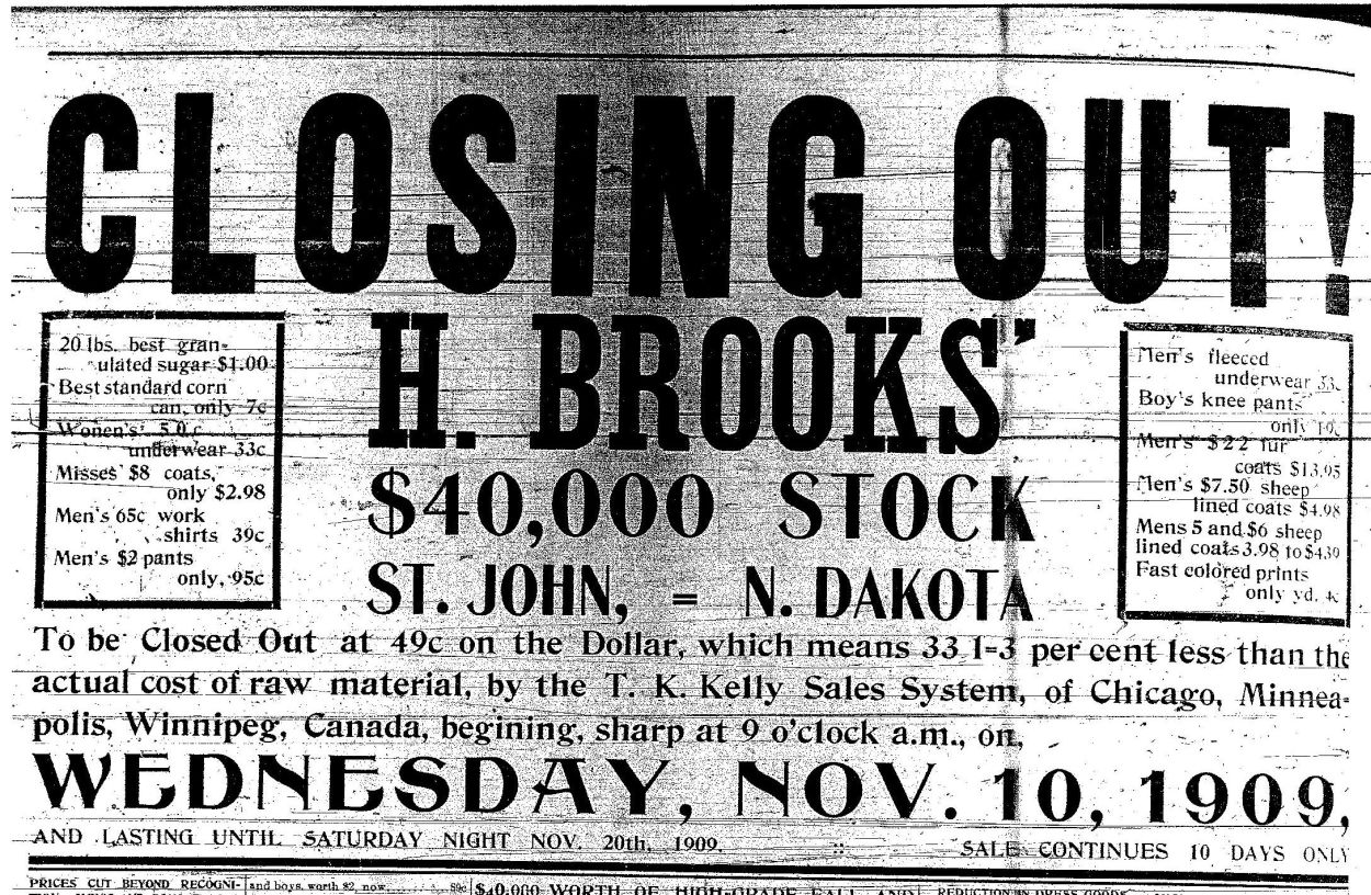  H Brooks Nov 11 1909 STORE CLOSING OUT SALE